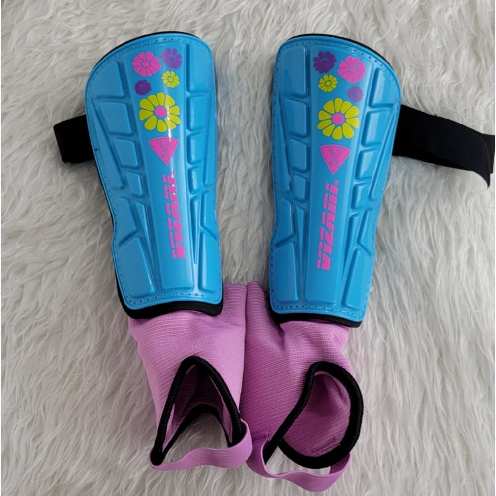Vizari Blossom Shin Guard, Blue and Pink. Size M and XS